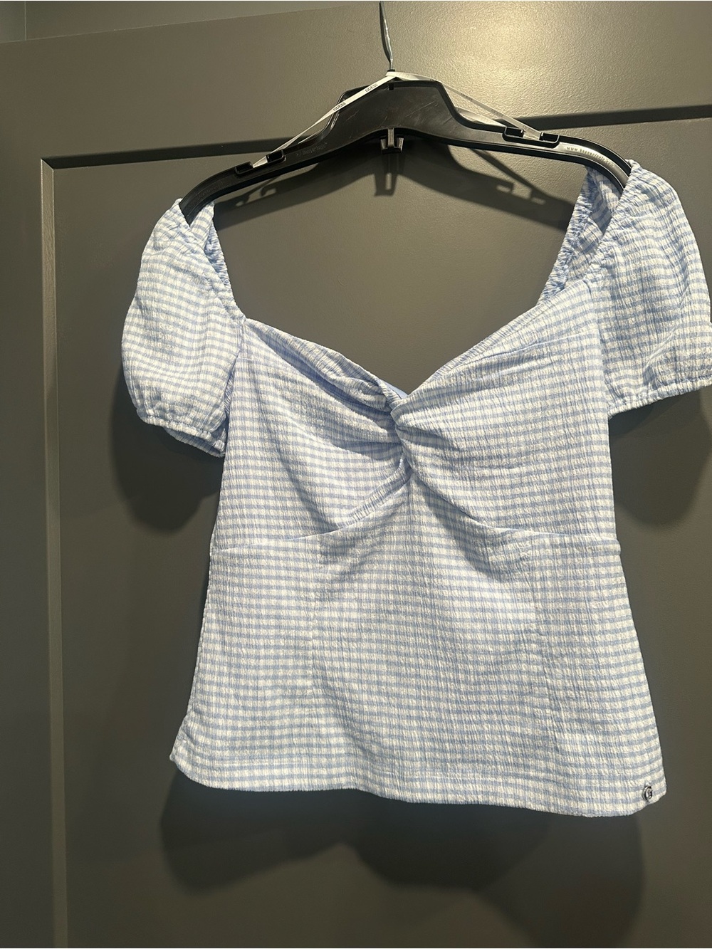 Guess Light Blue Twist-Front Puff Sleeve Blouse